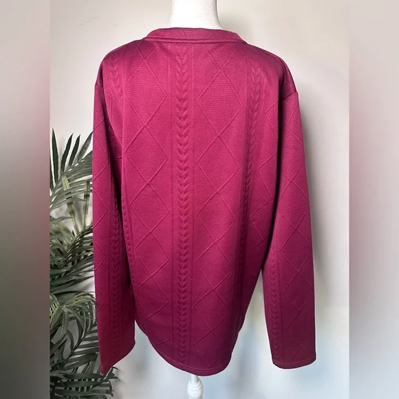 Regular Fit Patched Detail Textured Knit Long Sleeve Round Burgundy Neck Top L - Picture 6 of 14